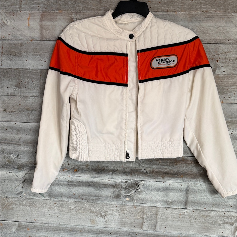 Vintage Harley-Davidson Women's white and Orange Bomber racing  Jacket